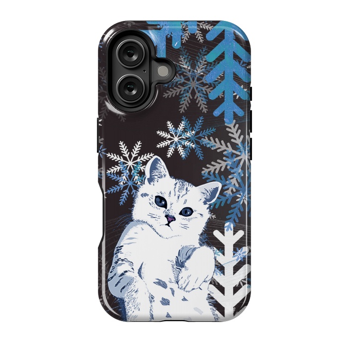 iPhone 16 StrongFit Cute kitty with blue metallic snowflakes by Oana 