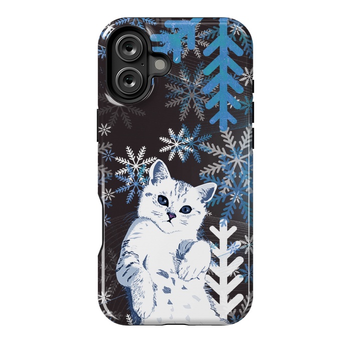 iPhone 16 Plus StrongFit Cute kitty with blue metallic snowflakes by Oana 