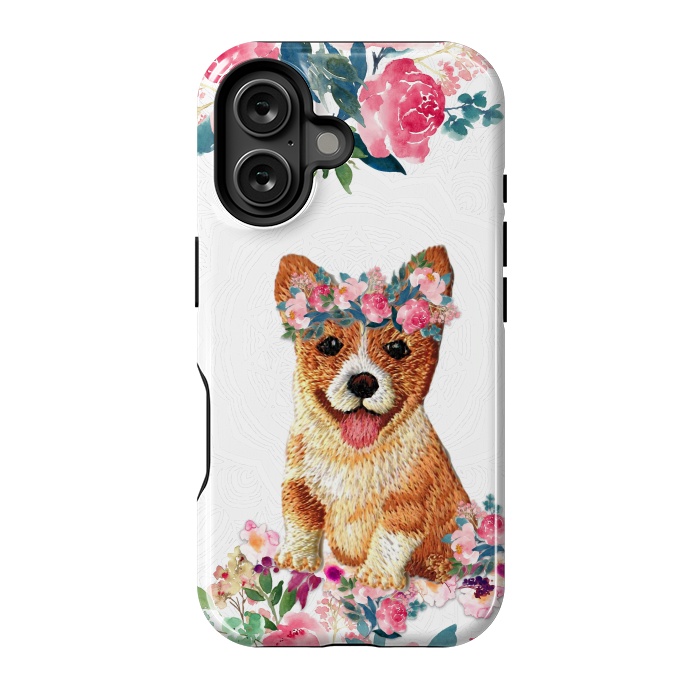 iPhone 16 StrongFit Flower Friends Corgi Lace by Monika Strigel