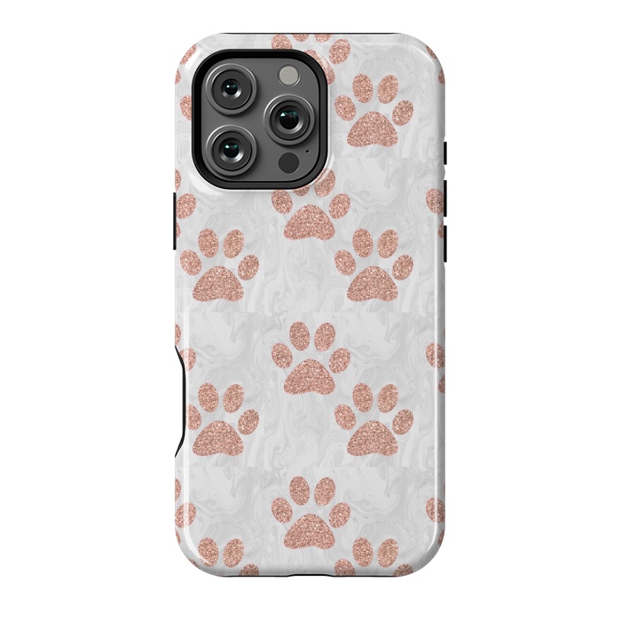 iPhone 16 Pro Max StrongFit Rose Gold Paw Prints on Marble by Julie Erin Designs