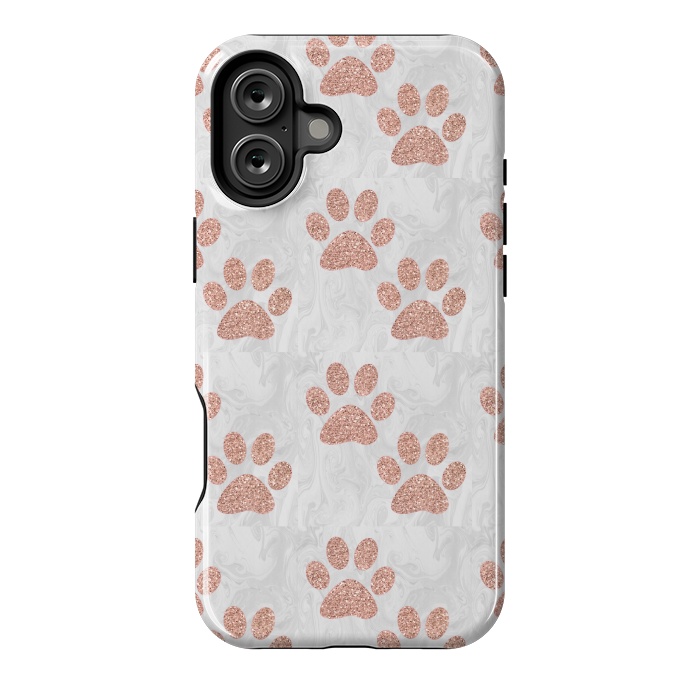 iPhone 16 Plus StrongFit Rose Gold Paw Prints on Marble by Julie Erin Designs