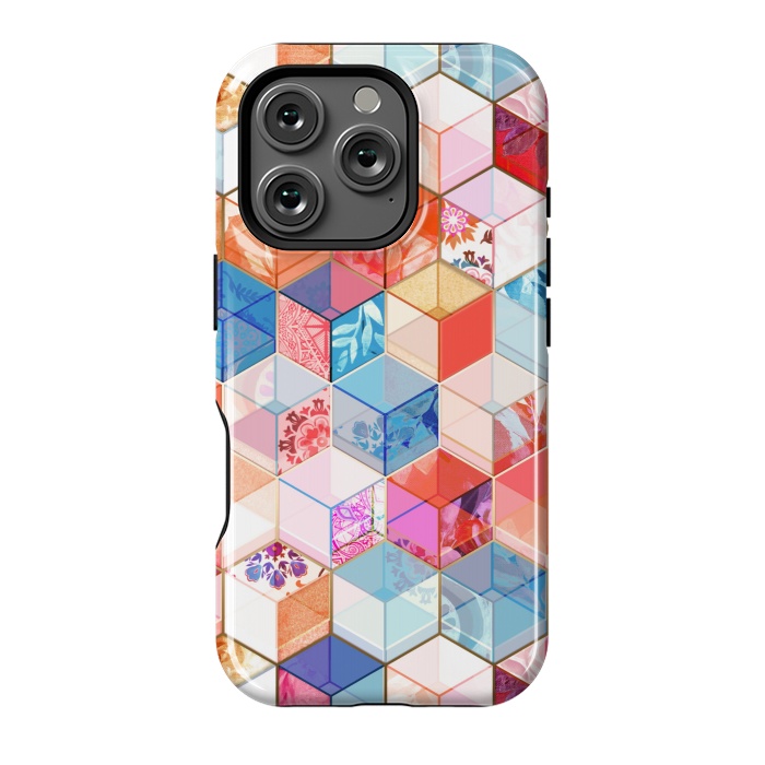 iPhone 16 Pro StrongFit Coral, Cream and Cobalt Kaleidoscope Cubes by Micklyn Le Feuvre