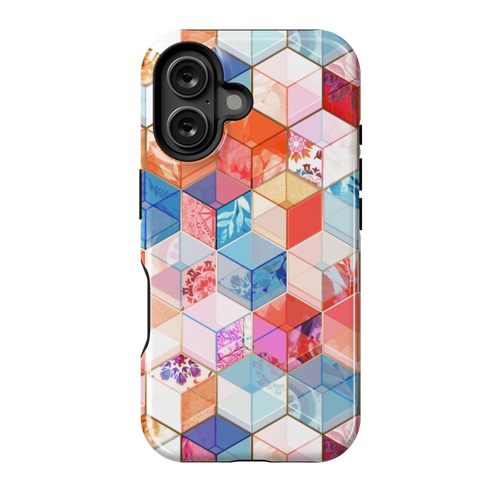 iPhone 16 StrongFit Coral, Cream and Cobalt Kaleidoscope Cubes by Micklyn Le Feuvre