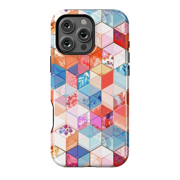 iPhone 16 Pro Max StrongFit Coral, Cream and Cobalt Kaleidoscope Cubes by Micklyn Le Feuvre