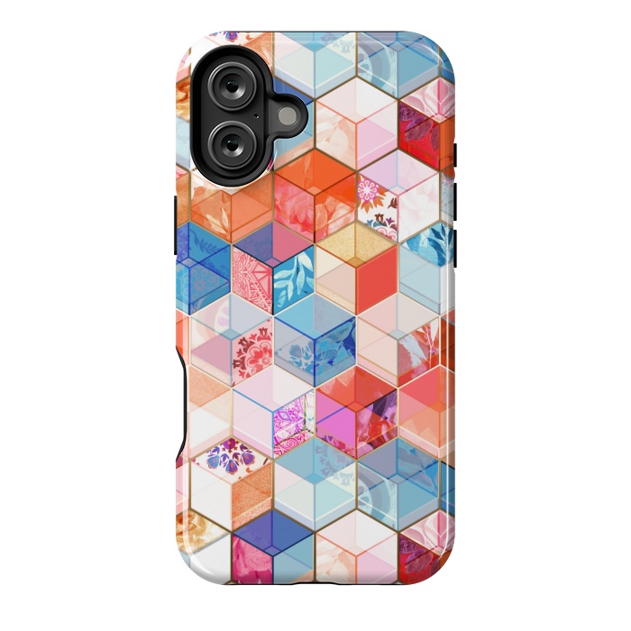 iPhone 16 Plus StrongFit Coral, Cream and Cobalt Kaleidoscope Cubes by Micklyn Le Feuvre