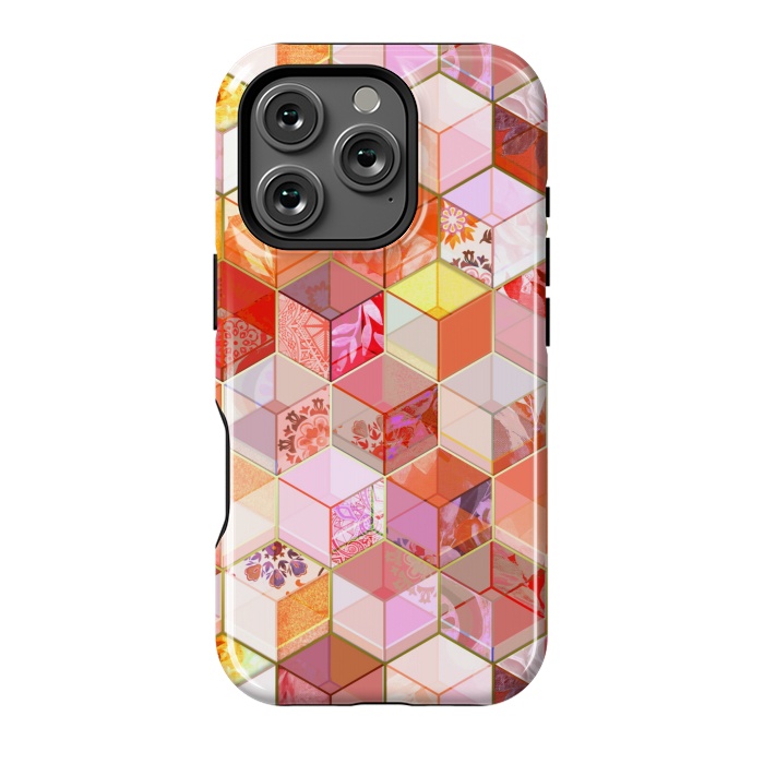 iPhone 16 Pro StrongFit Gold and Garnet Kaleidoscope Cubes by Micklyn Le Feuvre