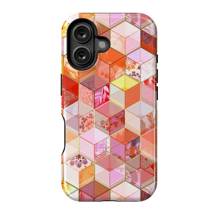 iPhone 16 StrongFit Gold and Garnet Kaleidoscope Cubes by Micklyn Le Feuvre