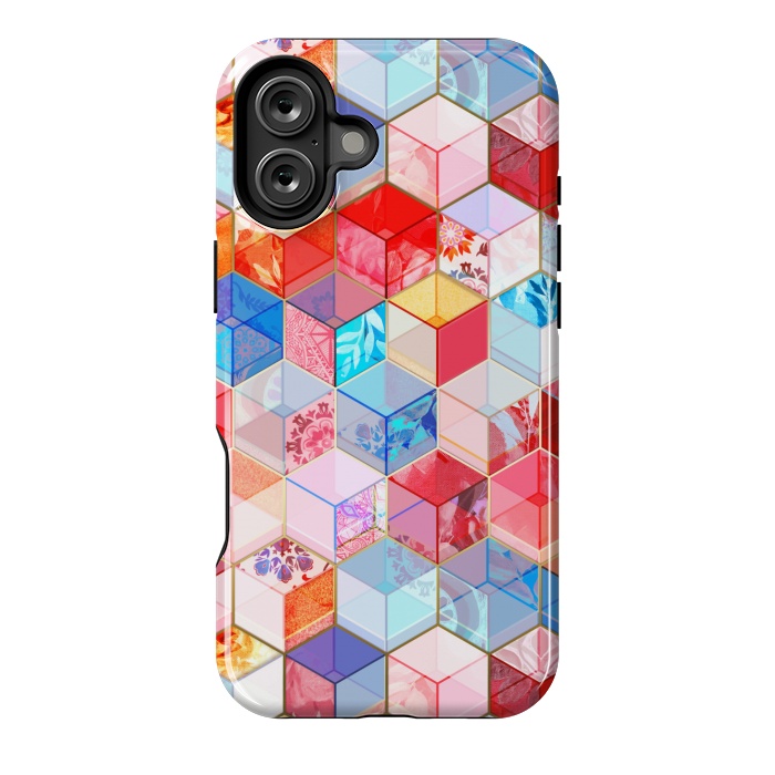 iPhone 16 Plus StrongFit Ruby and Topaz Kaleidoscope Cubes by Micklyn Le Feuvre