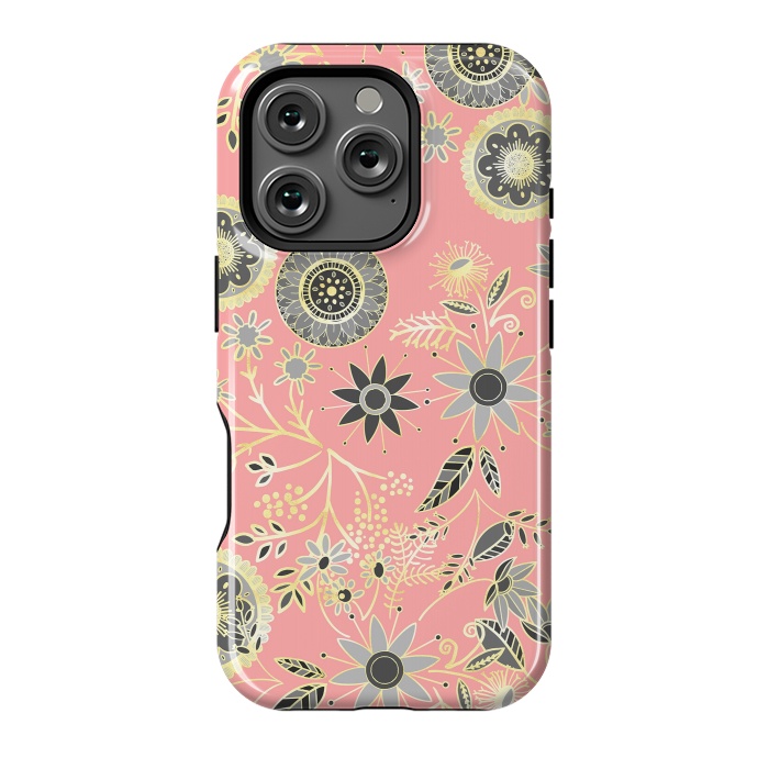 iPhone 16 Pro StrongFit Elegant Gray and Pink Folk Floral Golden Design by InovArts