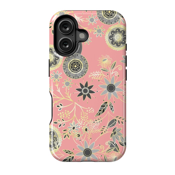 iPhone 16 StrongFit Elegant Gray and Pink Folk Floral Golden Design by InovArts