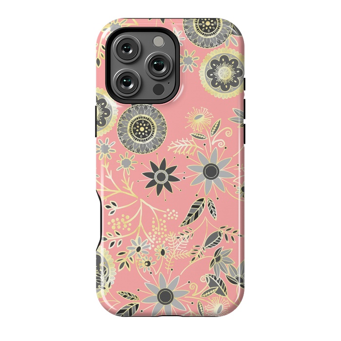 iPhone 16 Pro Max StrongFit Elegant Gray and Pink Folk Floral Golden Design by InovArts