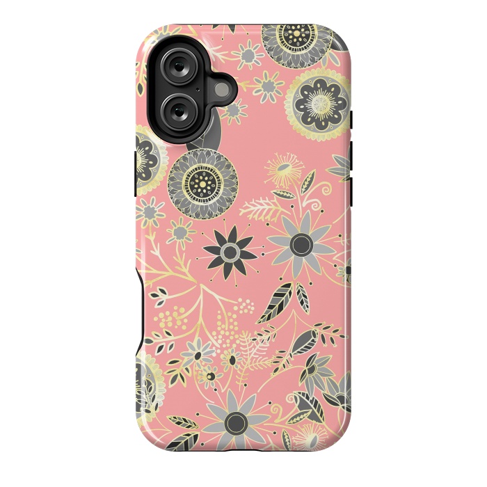 iPhone 16 Plus StrongFit Elegant Gray and Pink Folk Floral Golden Design by InovArts