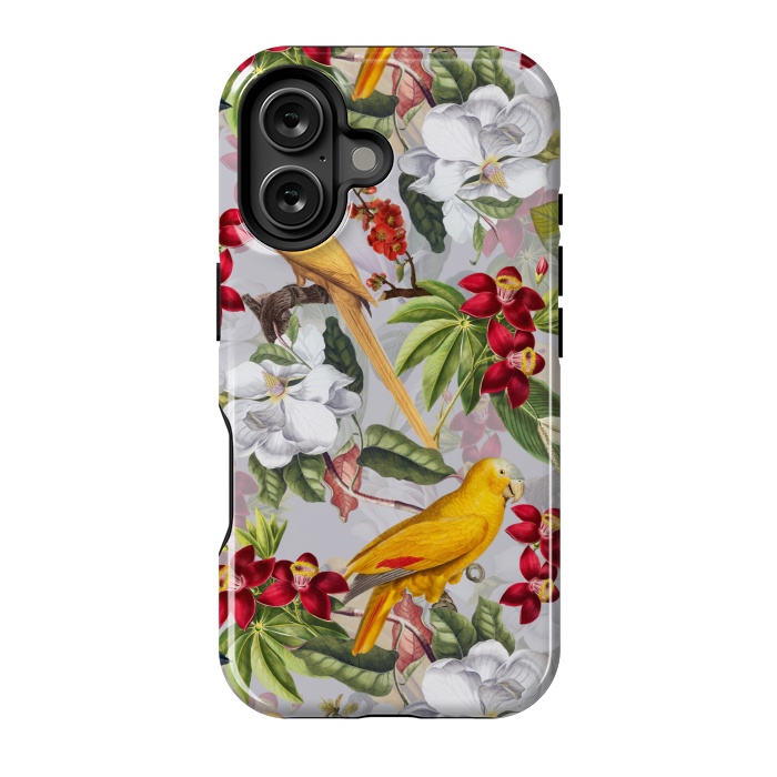 iPhone 16 StrongFit Antique Yellow Parrots in Flower Jungle by  Utart