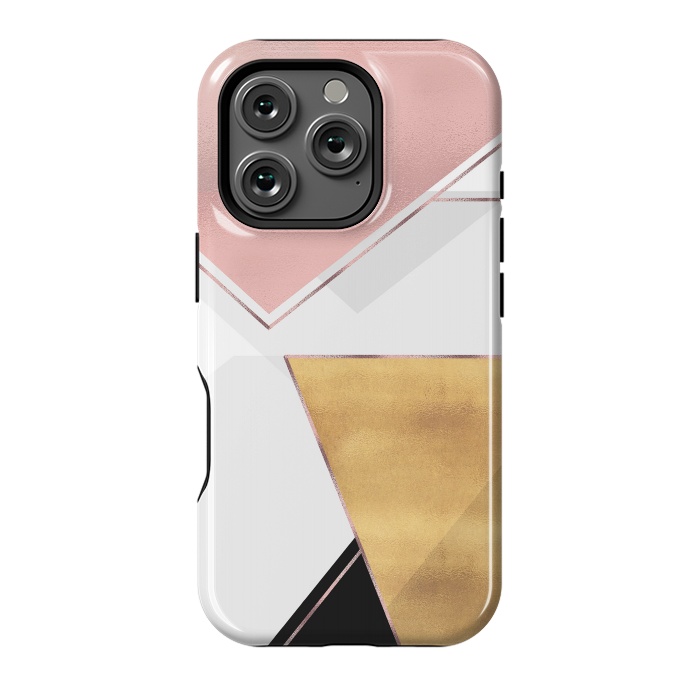 iPhone 16 Pro StrongFit Stylish Gold and Rose Pink Geometric Abstract Design by InovArts