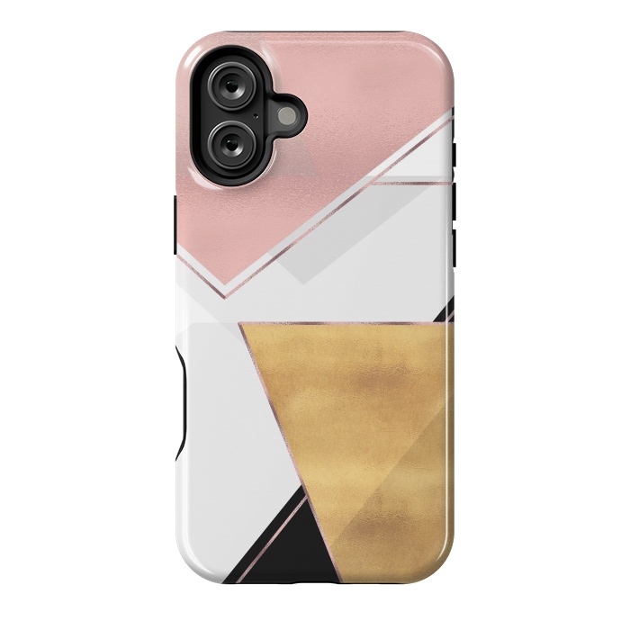 iPhone 16 Plus StrongFit Stylish Gold and Rose Pink Geometric Abstract Design by InovArts