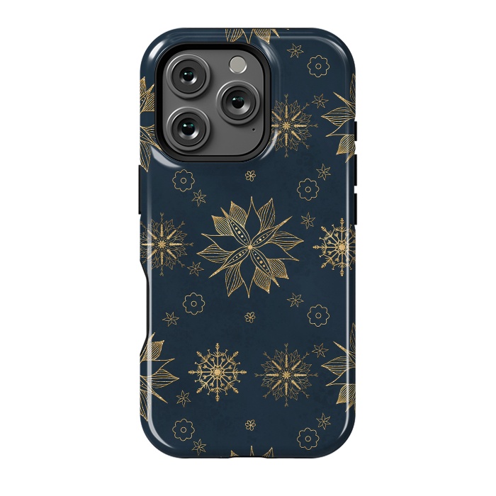 iPhone 16 Pro StrongFit Elegant Gold Blue Poinsettias Snowflakes Pattern by InovArts