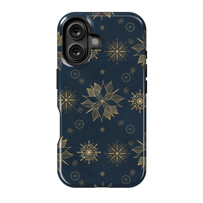 iPhone 16 StrongFit Elegant Gold Blue Poinsettias Snowflakes Pattern by InovArts