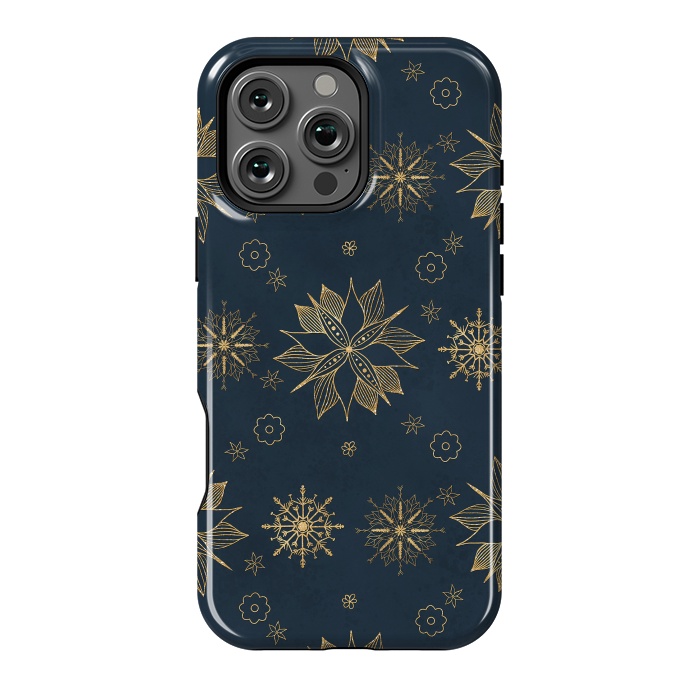 iPhone 16 Pro Max StrongFit Elegant Gold Blue Poinsettias Snowflakes Pattern by InovArts