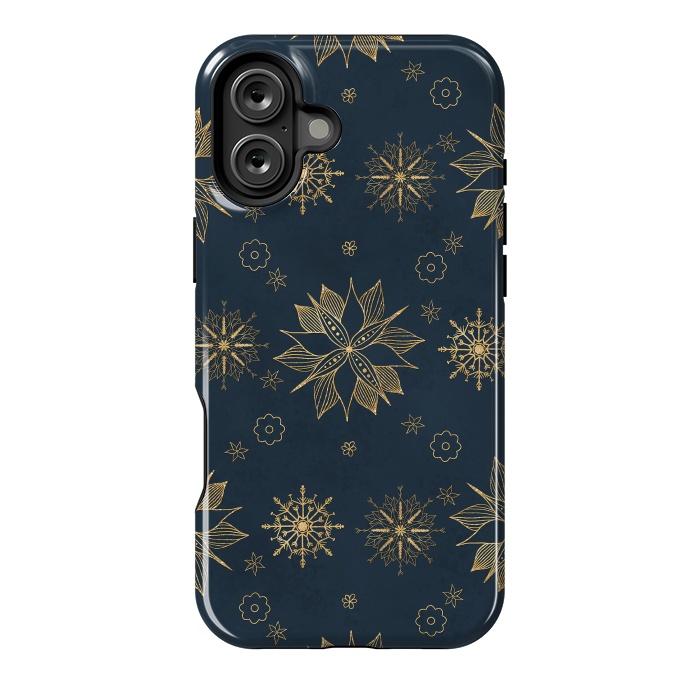 iPhone 16 Plus StrongFit Elegant Gold Blue Poinsettias Snowflakes Pattern by InovArts