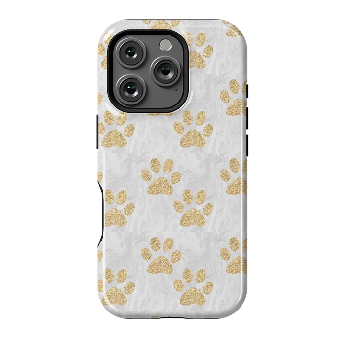 iPhone 16 Pro StrongFit Gold Paw Prints on Marble by Julie Erin Designs