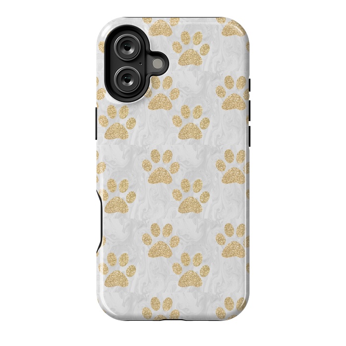 iPhone 16 Plus StrongFit Gold Paw Prints on Marble by Julie Erin Designs