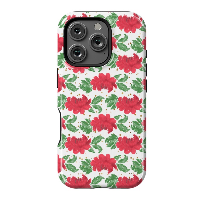 iPhone 16 Pro StrongFit Watercolor Winter Red Flowers Gold Dots Artwork by InovArts