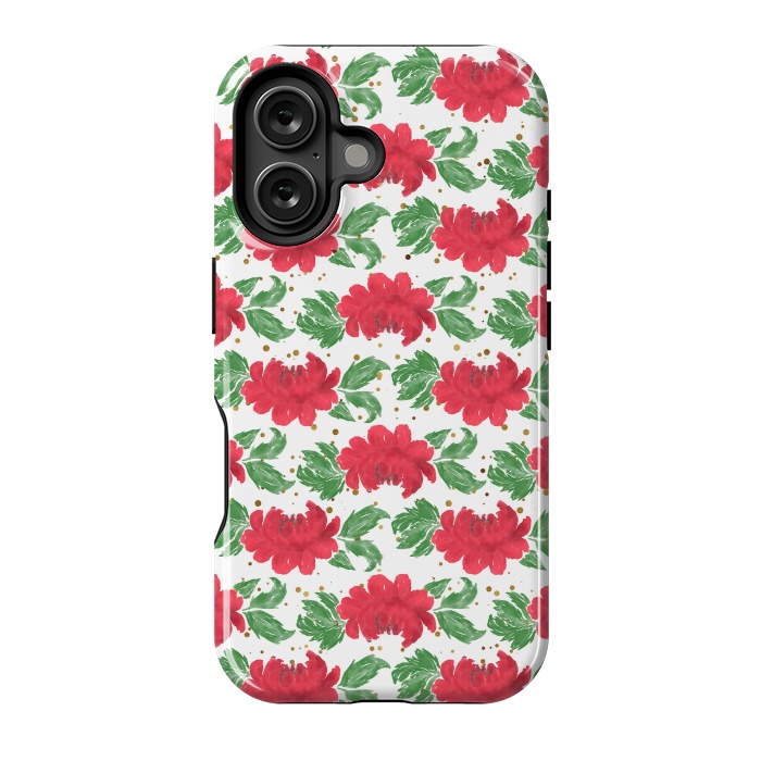 iPhone 16 StrongFit Watercolor Winter Red Flowers Gold Dots Artwork by InovArts