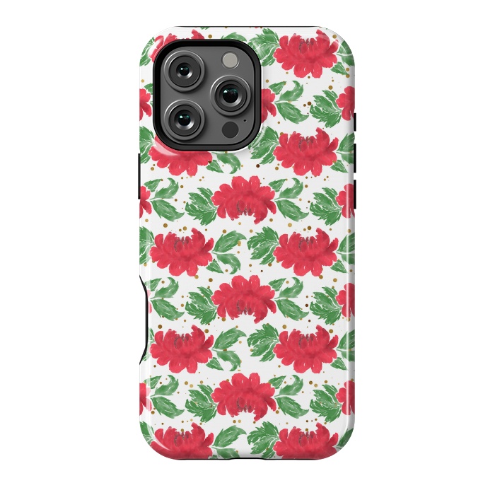 iPhone 16 Pro Max StrongFit Watercolor Winter Red Flowers Gold Dots Artwork by InovArts