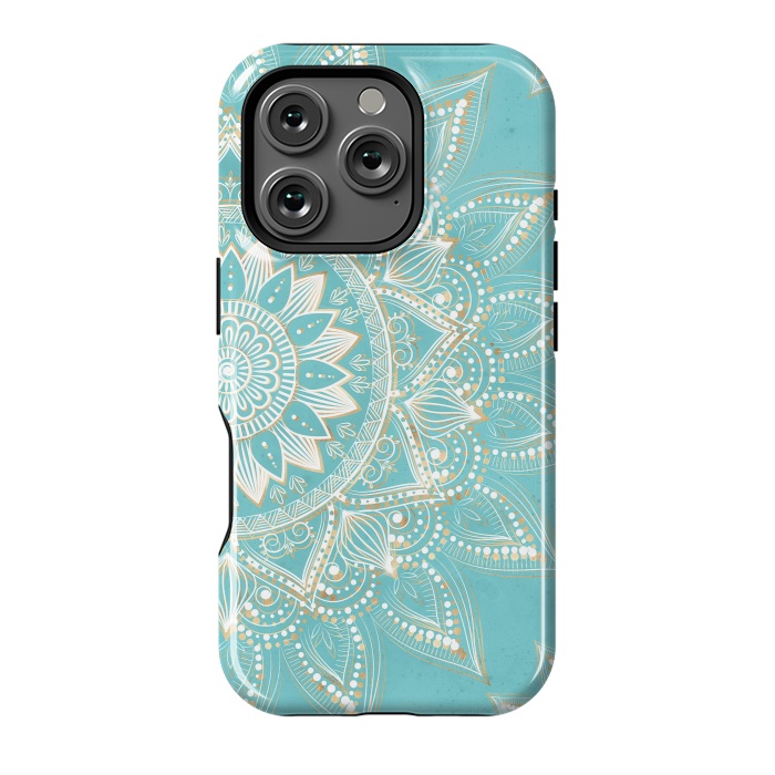 iPhone 16 Pro StrongFit Elegant White Gold Mandala Sky Blue Design by InovArts