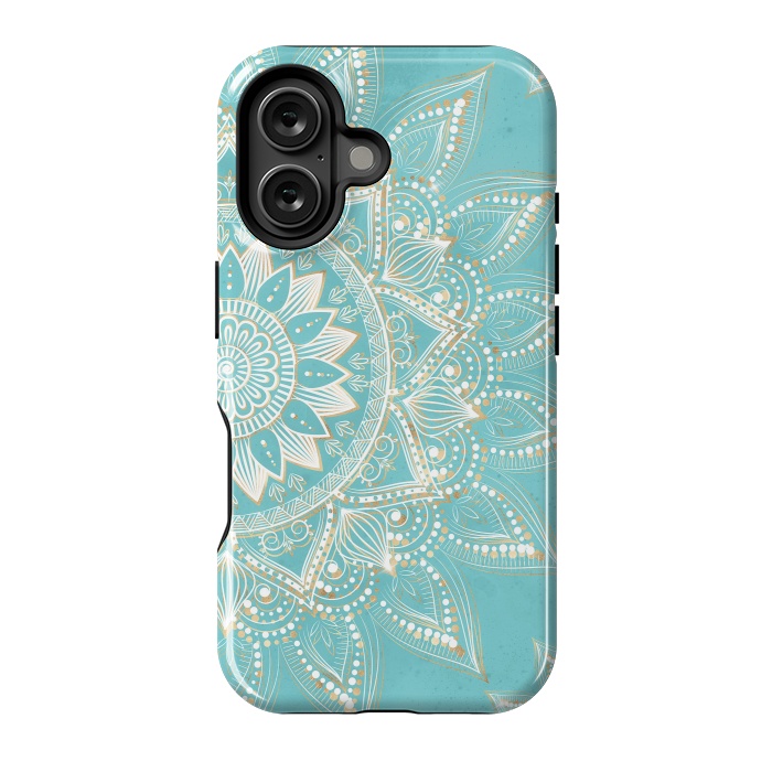 iPhone 16 StrongFit Elegant White Gold Mandala Sky Blue Design by InovArts