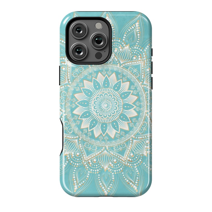 iPhone 16 Pro Max StrongFit Elegant White Gold Mandala Sky Blue Design by InovArts