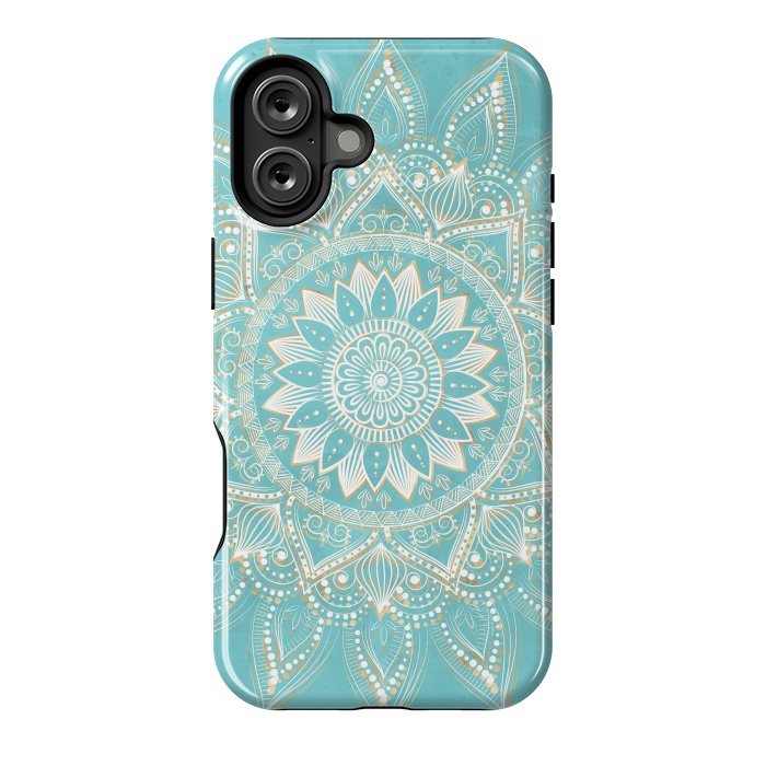 iPhone 16 Plus StrongFit Elegant White Gold Mandala Sky Blue Design by InovArts