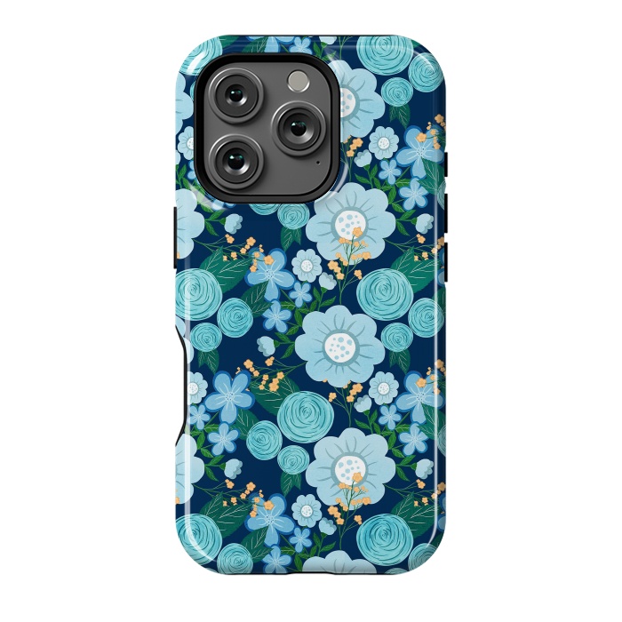 iPhone 16 Pro StrongFit Cute Girly Blue Hand Drawn Flowers Pattern by InovArts