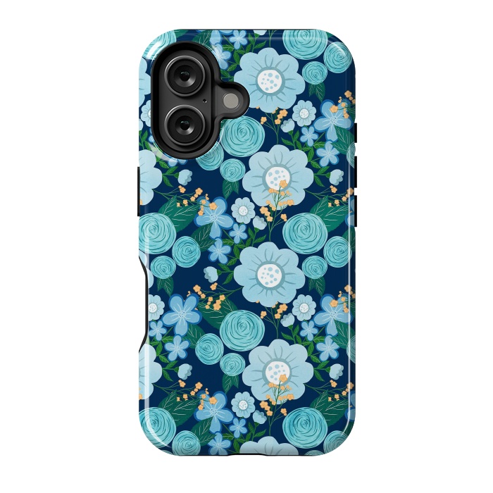 iPhone 16 StrongFit Cute Girly Blue Hand Drawn Flowers Pattern by InovArts