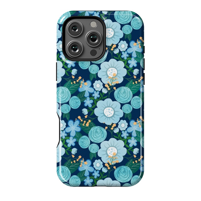 iPhone 16 Pro Max StrongFit Cute Girly Blue Hand Drawn Flowers Pattern by InovArts