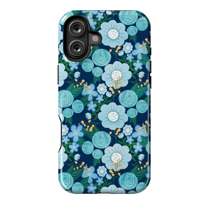 iPhone 16 Plus StrongFit Cute Girly Blue Hand Drawn Flowers Pattern by InovArts