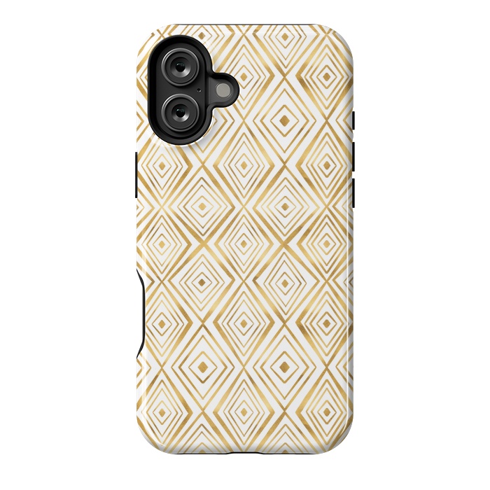 iPhone 16 Plus StrongFit Stylish Gold Diamond Shapes Doodles White Pattern by InovArts