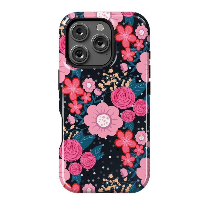 iPhone 16 Pro StrongFit Pretty girly pink Floral Silver Dots Gray design by InovArts