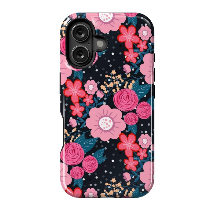 iPhone 16 StrongFit Pretty girly pink Floral Silver Dots Gray design by InovArts