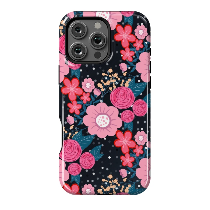 iPhone 16 Pro Max StrongFit Pretty girly pink Floral Silver Dots Gray design by InovArts