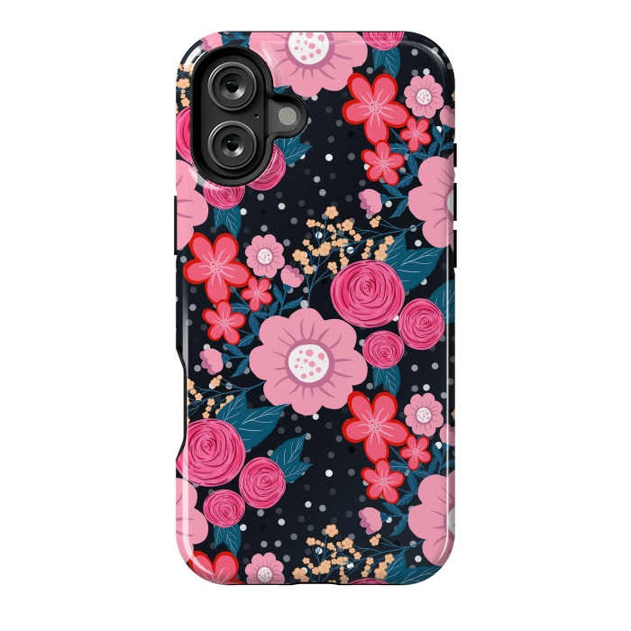 iPhone 16 Plus StrongFit Pretty girly pink Floral Silver Dots Gray design by InovArts