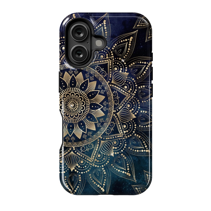 iPhone 16 StrongFit Elegant Gold Mandala Blue Galaxy Design by InovArts