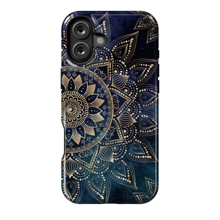 iPhone 16 Plus StrongFit Elegant Gold Mandala Blue Galaxy Design by InovArts