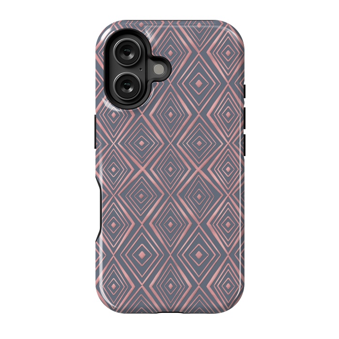 iPhone 16 StrongFit Stylish Rose Gold Diamond Shapes Doodles Gray Pattern by InovArts