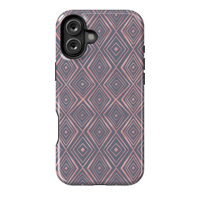 iPhone 16 Plus StrongFit Stylish Rose Gold Diamond Shapes Doodles Gray Pattern by InovArts