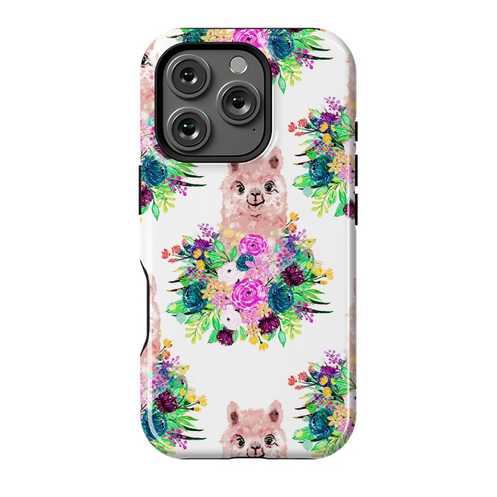 iPhone 16 Pro StrongFit Cute Pink Alpaca and Flowers Watercolor paint by InovArts