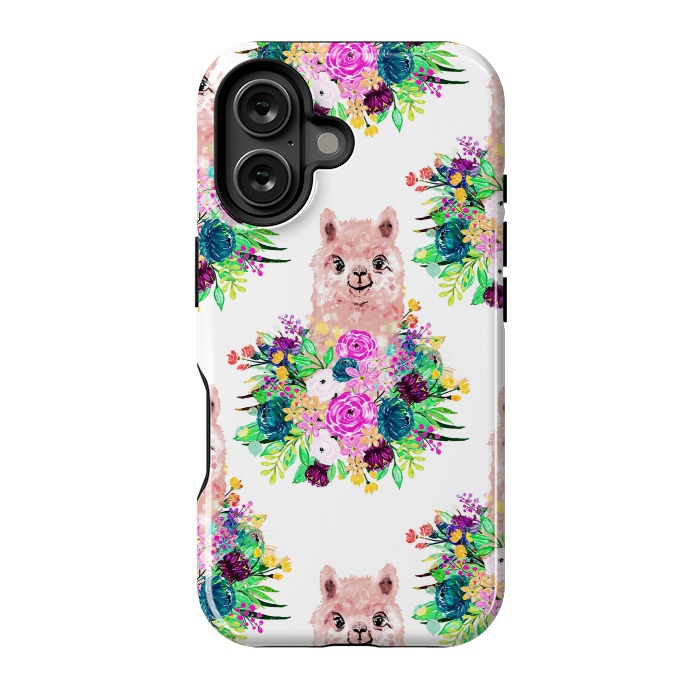 iPhone 16 StrongFit Cute Pink Alpaca and Flowers Watercolor paint by InovArts