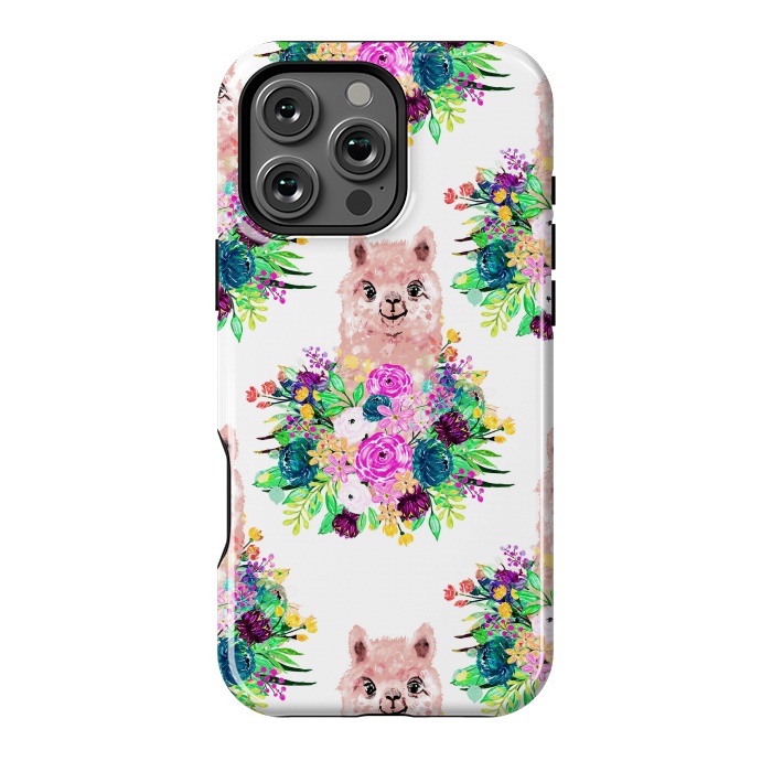 iPhone 16 Pro Max StrongFit Cute Pink Alpaca and Flowers Watercolor paint by InovArts