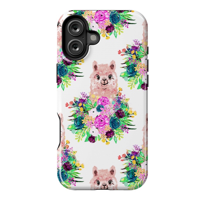 iPhone 16 Plus StrongFit Cute Pink Alpaca and Flowers Watercolor paint by InovArts