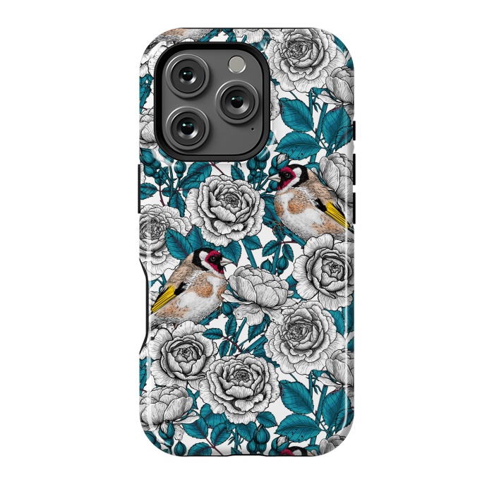 iPhone 16 Pro StrongFit White rose flowers and goldfinch birds by Katerina Kirilova